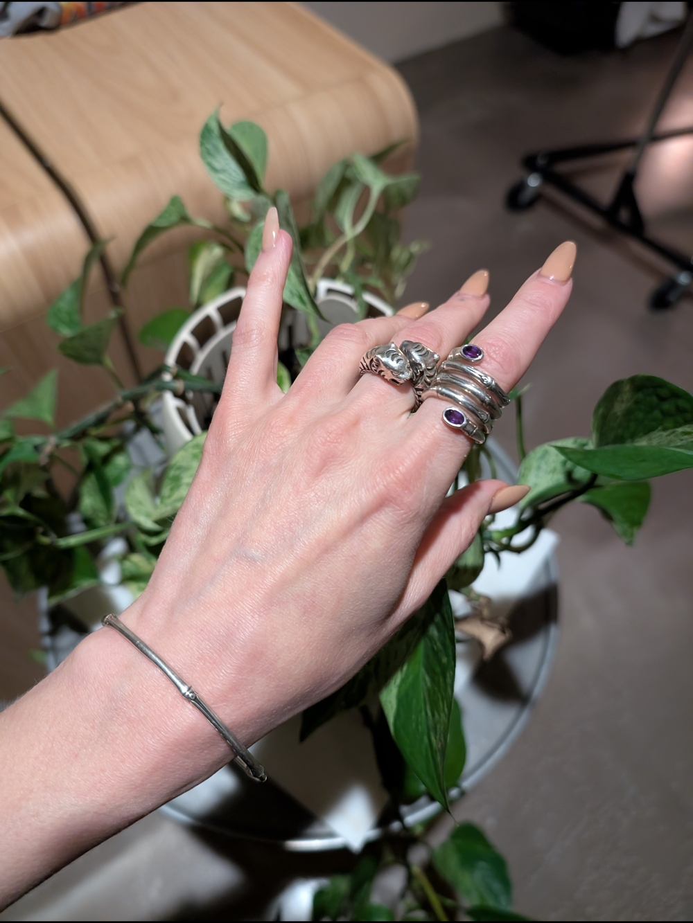 John Hardy Set - Sterling Silver Tiger + Amethyst Rings + Bamboo Bracelet